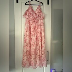 🌸 Pink & Red Floral Chiffon Maxi Dress – Size 16